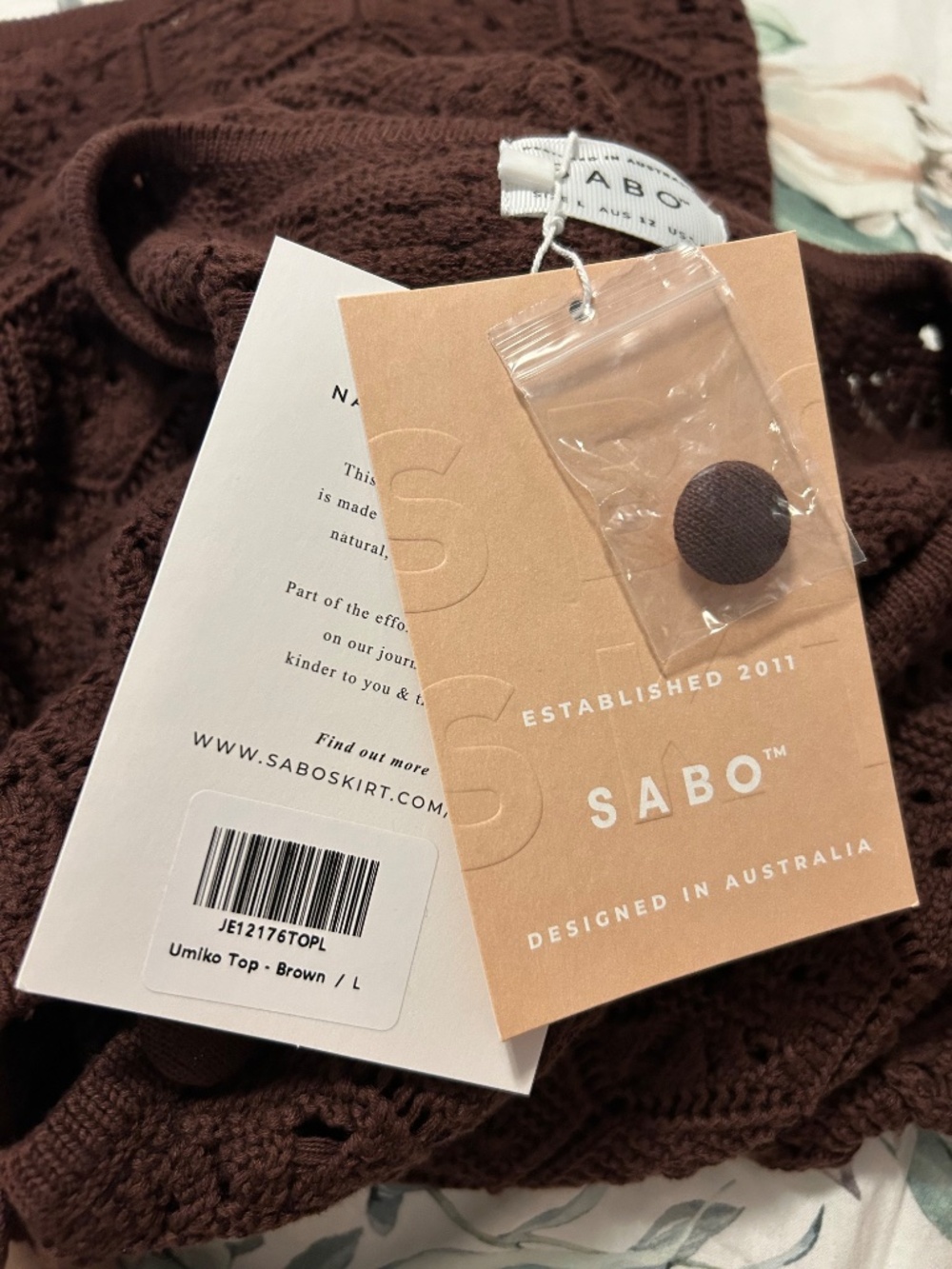 SABO Crochet knit Button Brown Umiko Top L-XL Cotton - Picture 10 of 12
